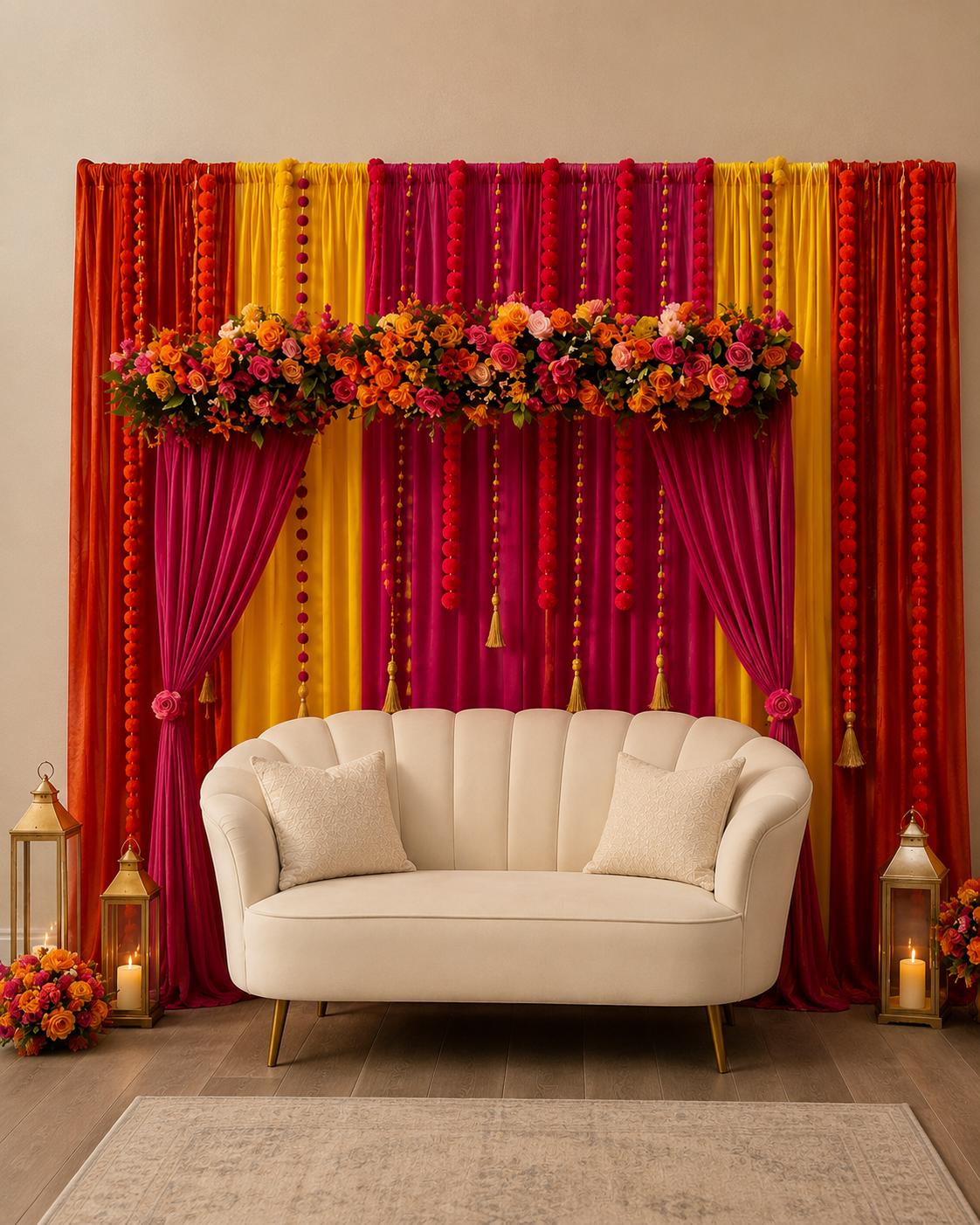 Red draping with orange and yellow garlands and a bright floral arrangement