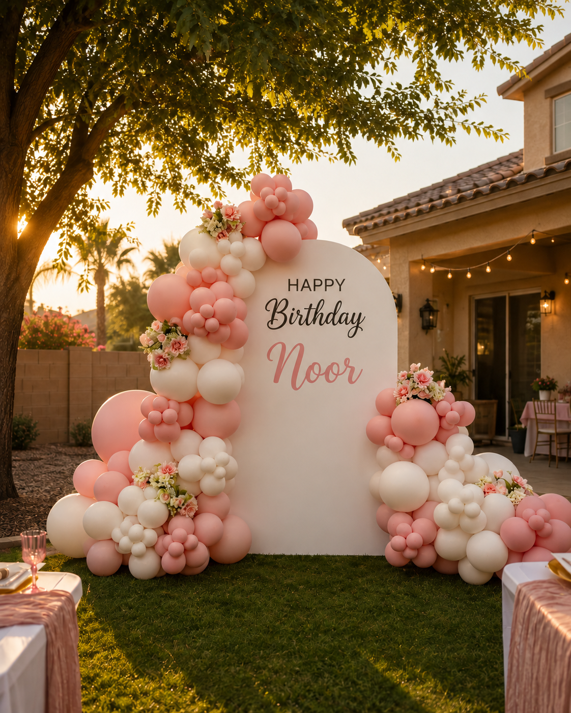 Blush and ivory balloons with flowers framing an outdoor birthday backdrop