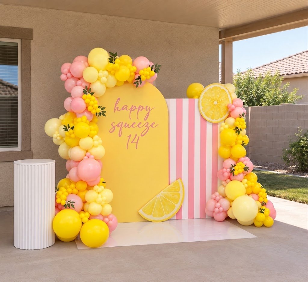 Yellow and pink balloon garland around lemon-themed birthday backdrops