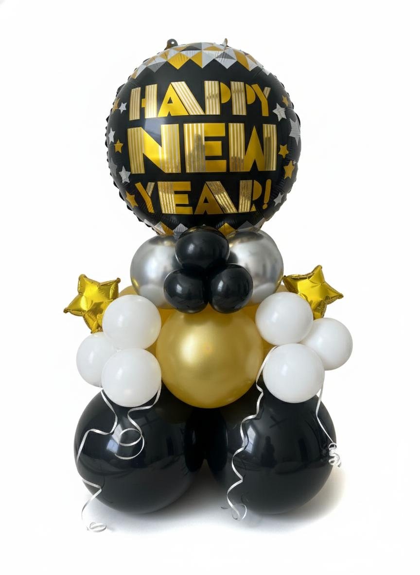 Black, white and gold balloon arrangement with a Happy New Year foil balloon