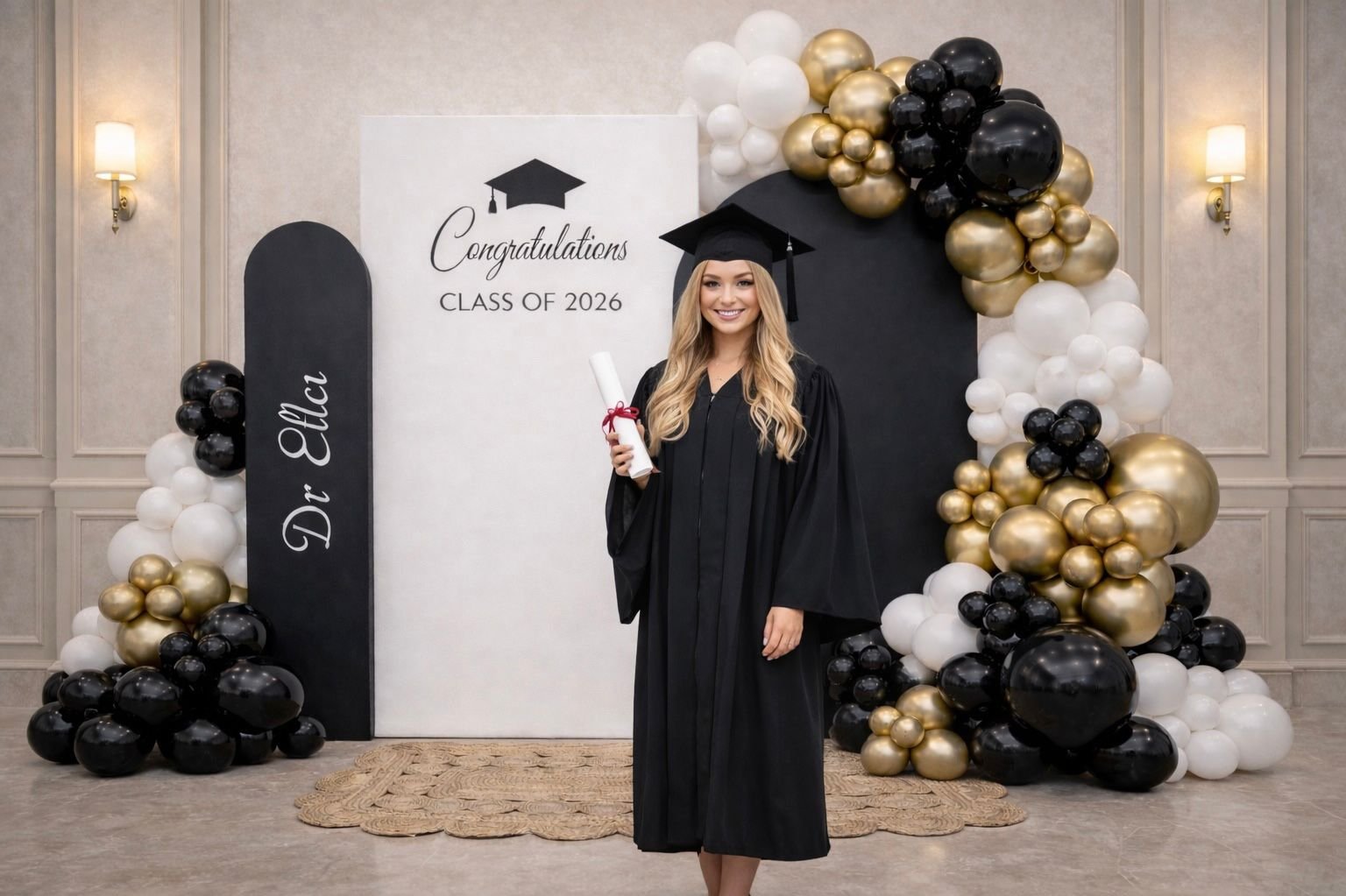 Black, white and gold graduation backdrop with balloons and a graduate portrait