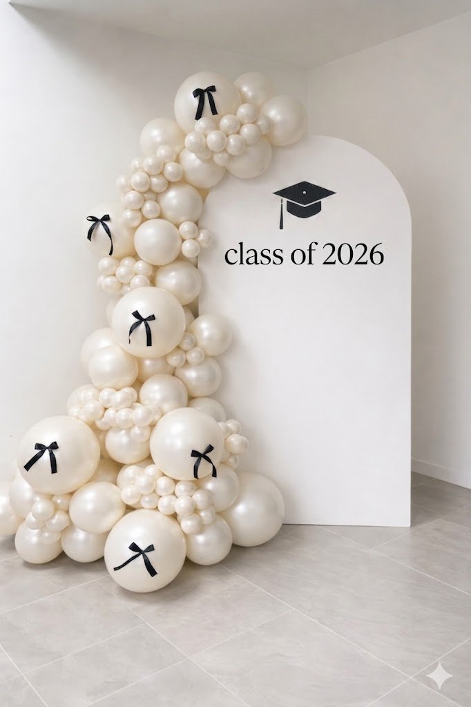 White graduation arch with ivory balloons, dark bows and a graduation cap